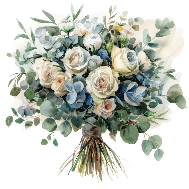 a bouquet of roses and leaves with a ribbon tied around the bottom