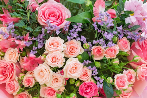 Bouquet of roses and other flowers closeup