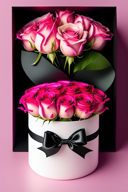 Bouquet of roses and protective masks with pink bow in black gift box on pastel background