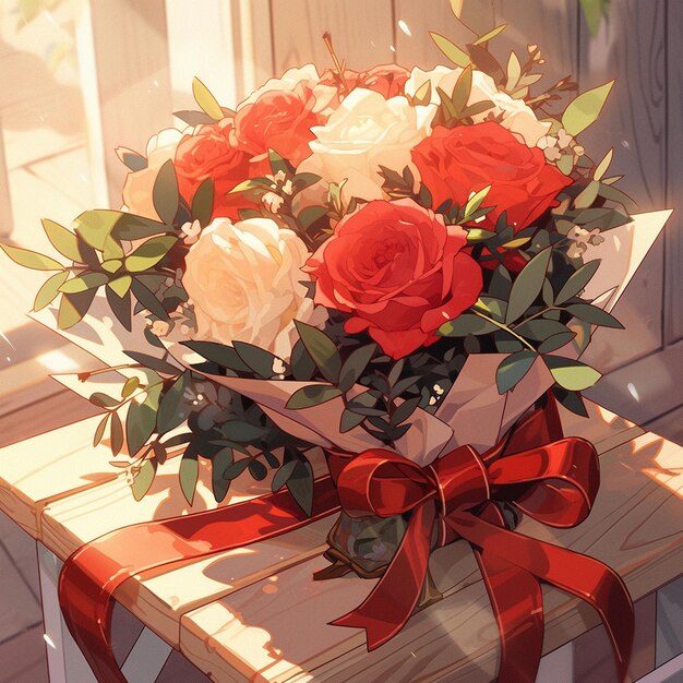 A bouquet of roses sits on a box with a red ribbon