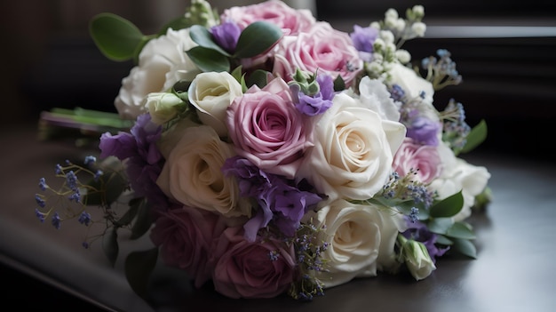 A bouquet of roses sits on a chair.