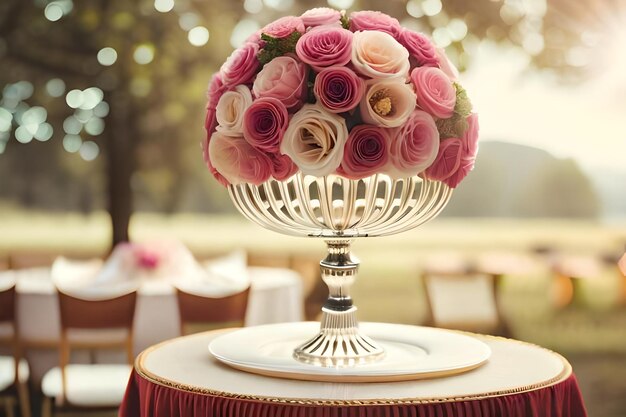 A bouquet of roses sits on a pedestal with a pink tablecloth