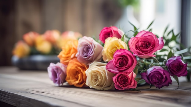 A bouquet of roses sits on a table.