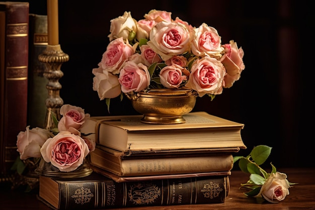 Bouquet of roses with antique brass photo frames