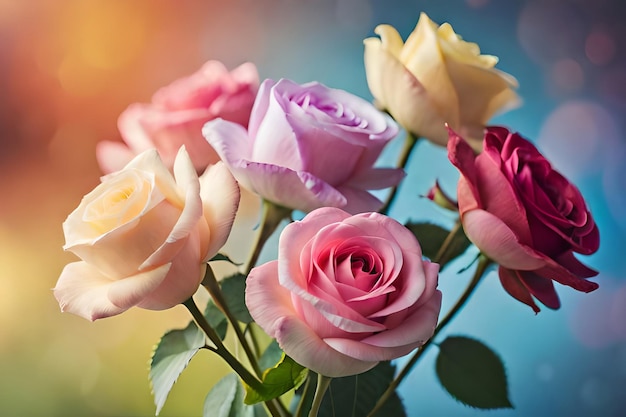 A bouquet of roses with a blue background