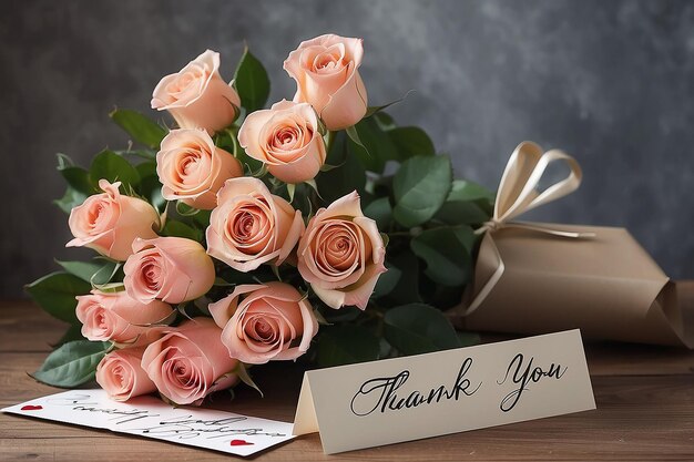 Photo bouquet of roses with a card that says thank you on it