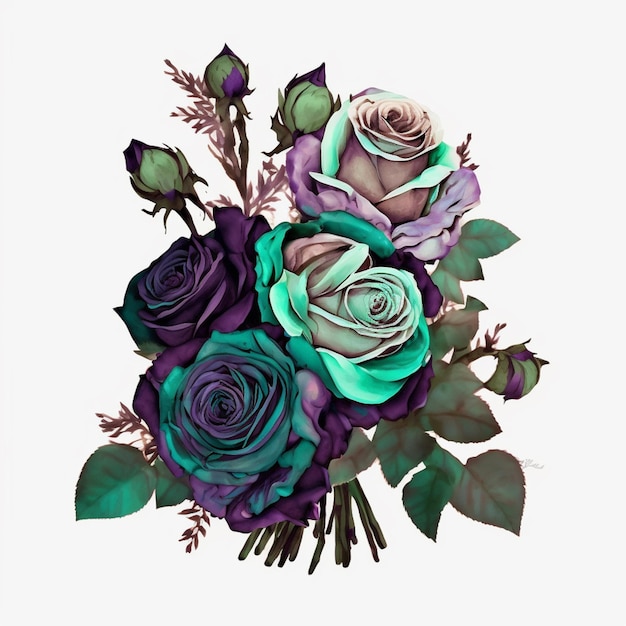 A bouquet of roses with green and purple leaves.