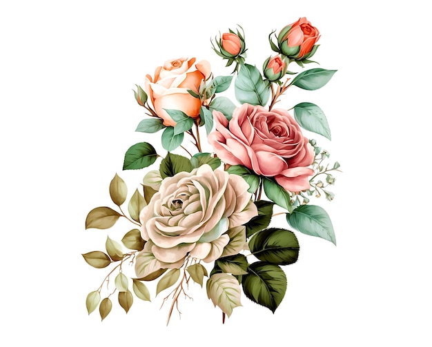 A bouquet of roses with leaves and flowers illustration on isolated white background