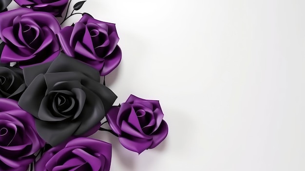 A bouquet of roses with purple and black leaves on a white background