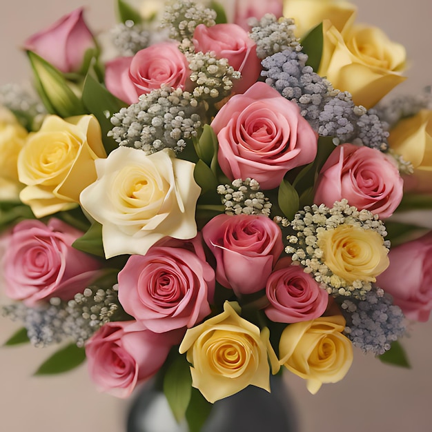 Foto un bouquet di rose con un fiore viola al centro