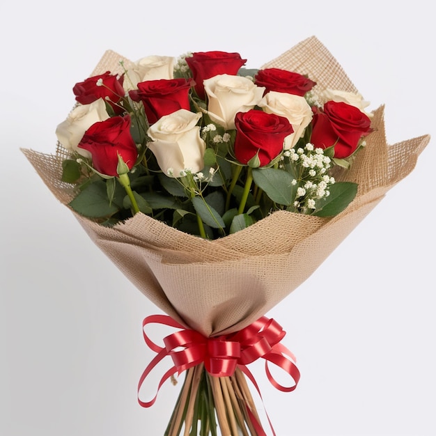 a bouquet of roses with a red ribbon tied around the top.