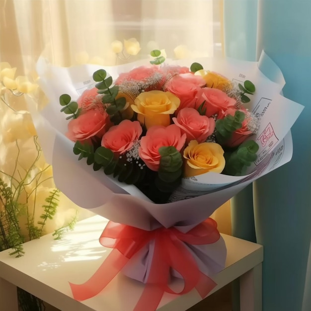 a bouquet of roses with a tag that says the name on it