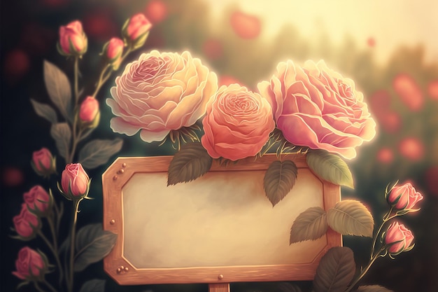 Bouquet of roses with wooden frame for text generative ai