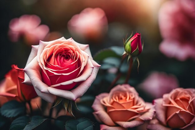 背景に愛という言葉を持つバラの花束