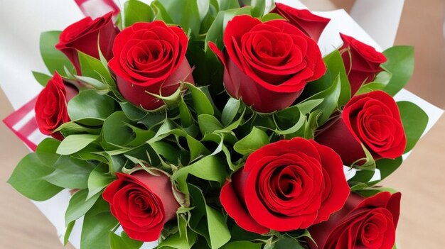 Bouquet of roses on a wooden table with a gift