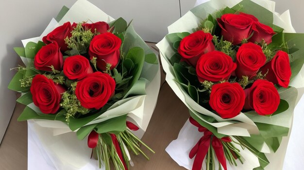 bouquet of roses on a wooden table with a gift