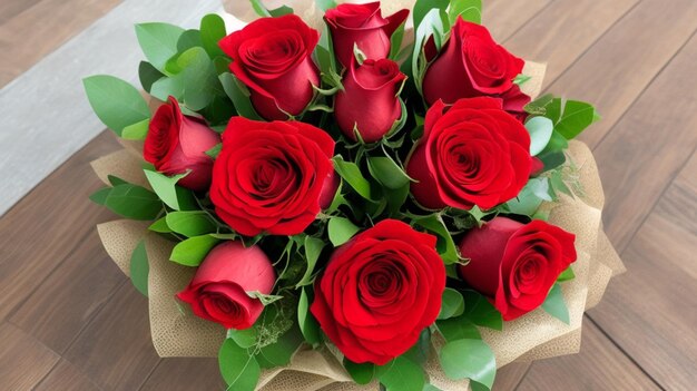 bouquet of roses on a wooden table with a gift