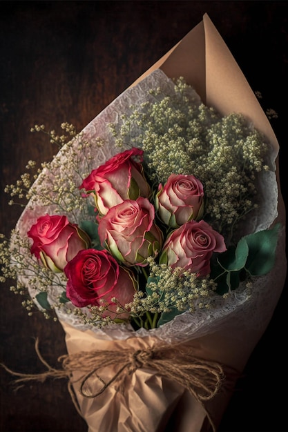 Bouquet of roses wrapped in paper with babys breath generative ai