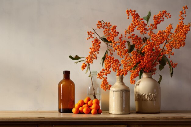 A bouquet of rowan branches on a table in a vase Fall Thanksgiving Decor