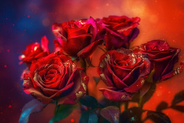 テーブルの上に飾られた緋色のバラの花束