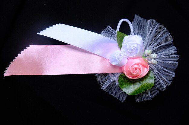 bouquet of silk and satin roses wedding flowers. romantic nuance. hand floral bouquet. ribbon silk.