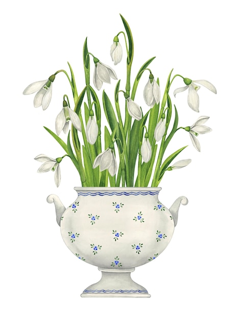 Photo a bouquet of snowdrops in a porcelain white tureen with a pattern vintage botanical illustration