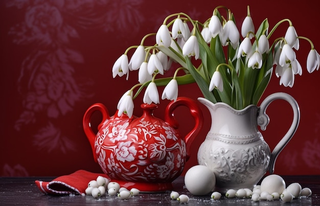 Bouquet of snowdrops in a vase on a red background