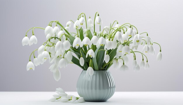 Bouquet of snowdrops in a vase on a wooden table