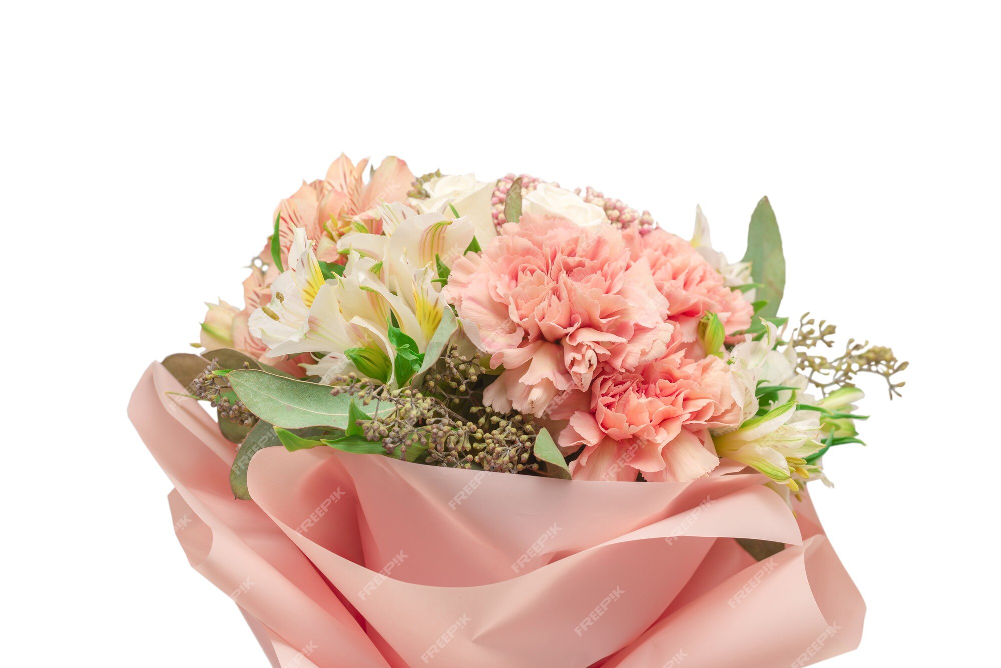 Bouquet Of Soft Pink Flowers In Wrapping Paper Stock Photo