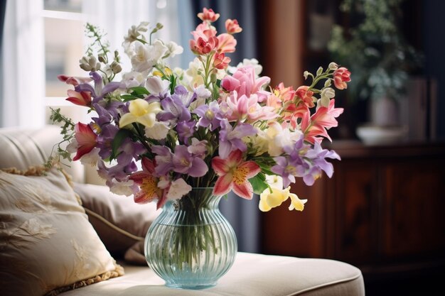 部屋のインテリアの装飾的なディテールとして春の花束