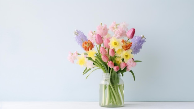 A bouquet of spring flowers on a blue background