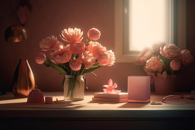 テーブルの上の花瓶に春の花の花束太陽光室内部屋幸せな母の日の背景 3 月 8 日国際女性デー Ai ジェネレーティブ