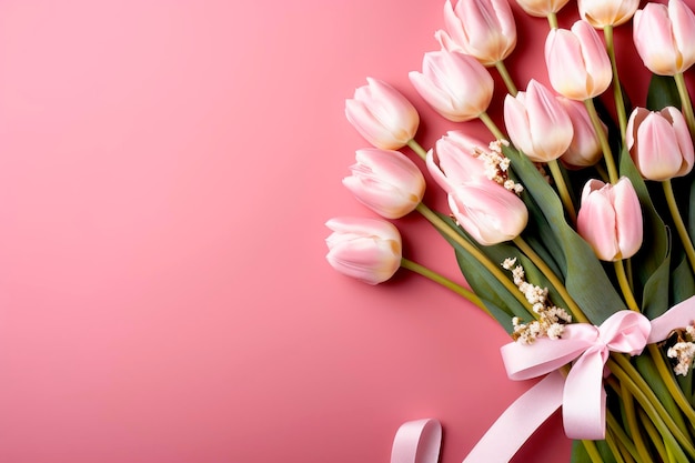 春のピンクのチューリップの花束 ピンクの背景で グリーティングカード 母の日 バレンタインデー 誕生日