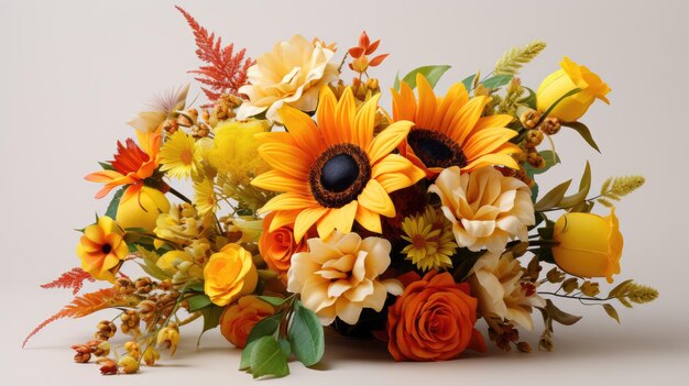 A bouquet of sunflowers and autumn foliage