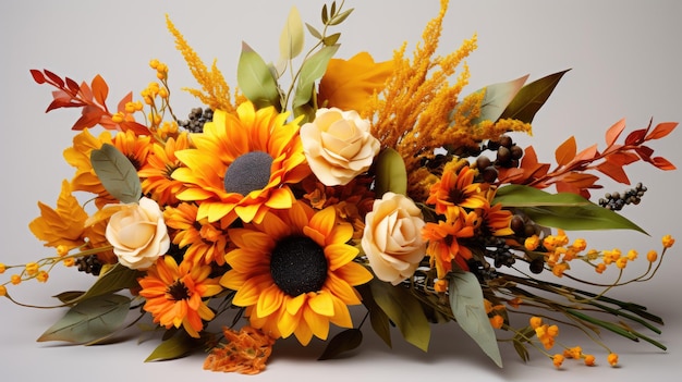 A bouquet of sunflowers and autumn foliage