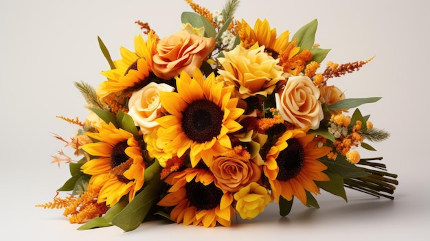 A bouquet of sunflowers and autumn foliage