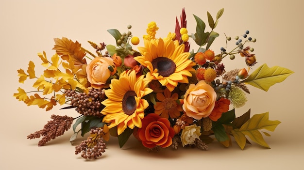 A bouquet of sunflowers and autumn foliage