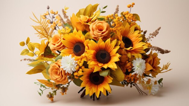 A bouquet of sunflowers and autumn foliage