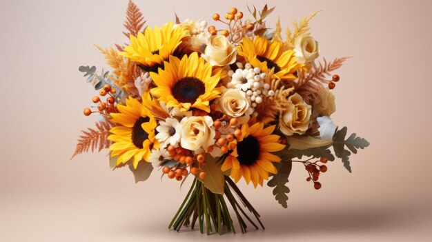 A bouquet of sunflowers and autumn foliage