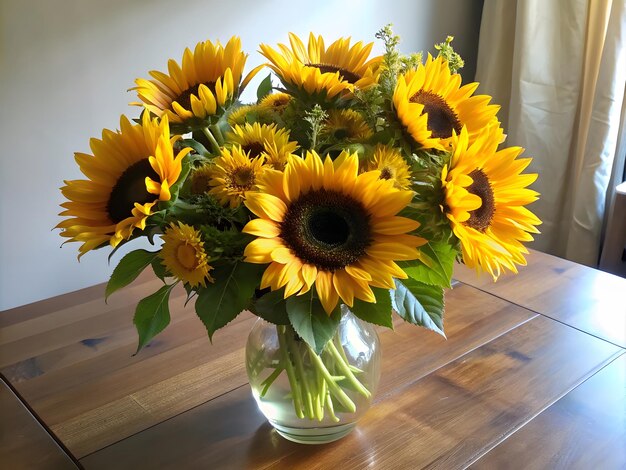 bouquet of sunflowers in a glass vase on a table