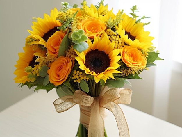A bouquet of sunflowers and sunflowers are on a table