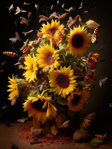 A bouquet of sunflowers with bees flying around them.