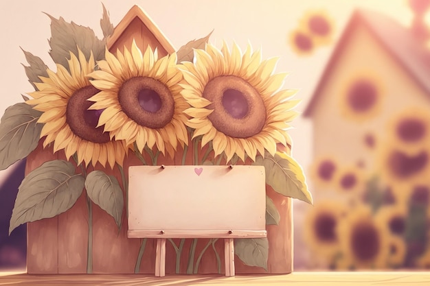 Bouquet of sunflowers with wooden frame for text generative ai