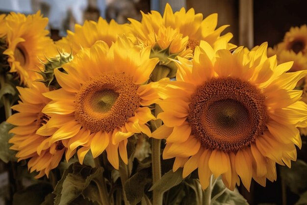 A bouquet of sunflowers with the word sun on the front.