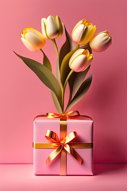 Bouquet of tender tulips and gift box isolated on pink background with shadow Spring flowers