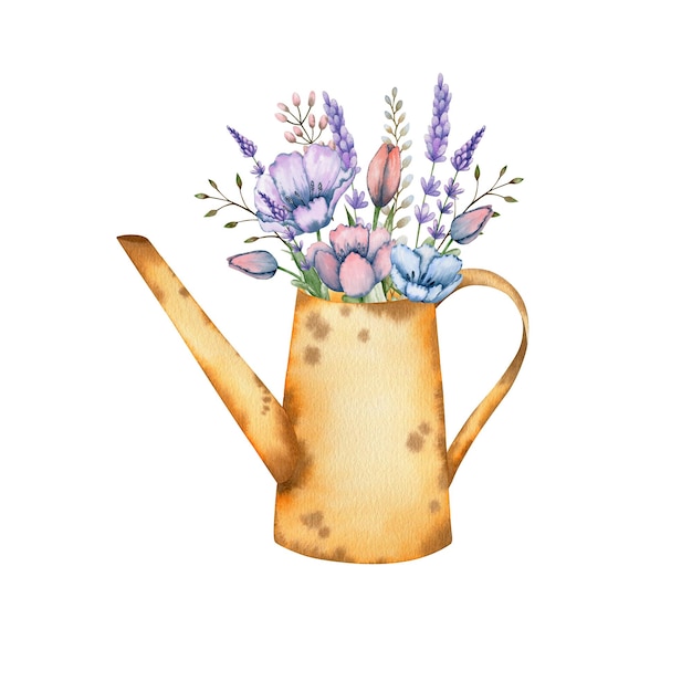 Bouquet of tulip flowers in a metal teapot watercolor illustration.