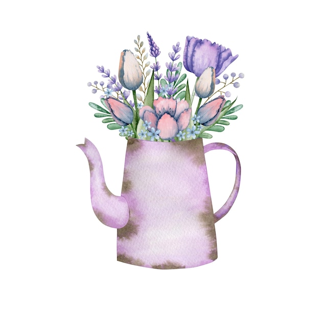 Bouquet of tulip flowers in a metal teapot watercolor illustration.