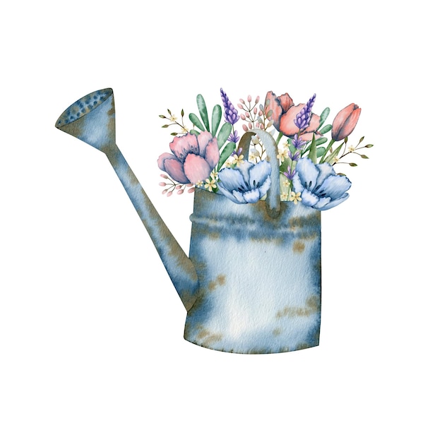 Bouquet of tulip flowers in a metal teapot watercolor illustration.