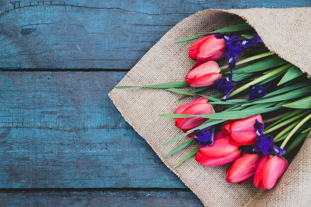 Bouquet tulip on a wooden table