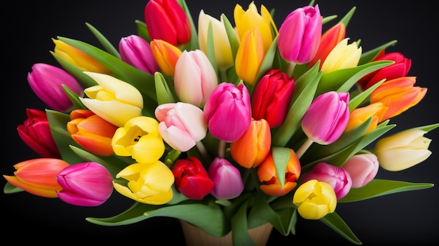 A bouquet of tulips on a black background